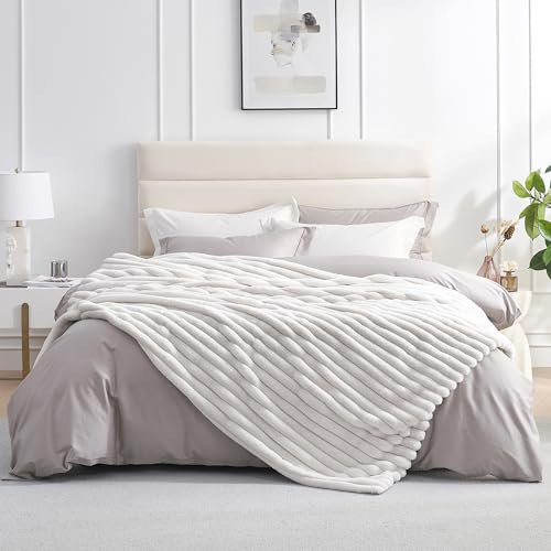 Amélie Home Faux Fur Throw Blanket for Couch, Cozy Fuzzy Fluffy Fur Luxurious Soft Striped Plush Gift Blankets for Family Sofa Chair, 60x80, Ivory