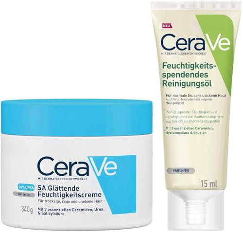 CeraVe SA Urea Glättungscreme - Feuchtigkeitscreme 340 ml + GRATIS Reinigungsöl 15 ml