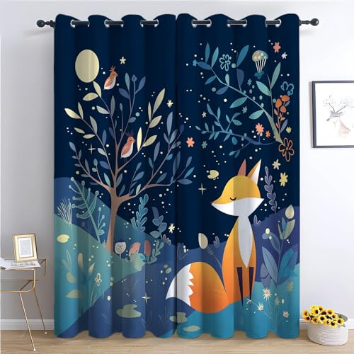 CozyRest Mörkläggningsgardiner för sovrum räv fågel och träd på natthimmeln öljettgardiner 2 paneler draperier supermjuka brusreducerande gardiner för barn och vuxna lekrumsdekorationer, 280 x 259 cm