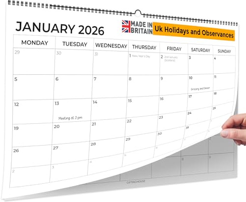 Giftinghouse Wall Calendar 2026 UK - Calendar 2026 Month to View - 12 months calendar January 2026 to December 2026 (12 months) - Family Calendar with Notes - MADE IN UK.