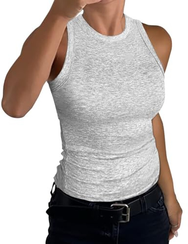 DUOEASE Canotta Donna Estiva 2025 Girocollo Basic Top Senza Maniche Canottiera Slim Fit-Fiore Grigio-M