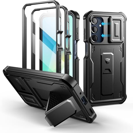 Dexnor Compatible avec Coque Samsung Galaxy A16【Double Cadre Avant et Support】 avec CaméRa Coulissante Intégrée & Protecteur d'écran, Coque de Protection Robuste Résistante Aux Chocs - Noir