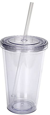 Generisch 1 juego de vasos de plástico de doble pared con tapa y pajitas, 473 ml, reutilizables, transparentes