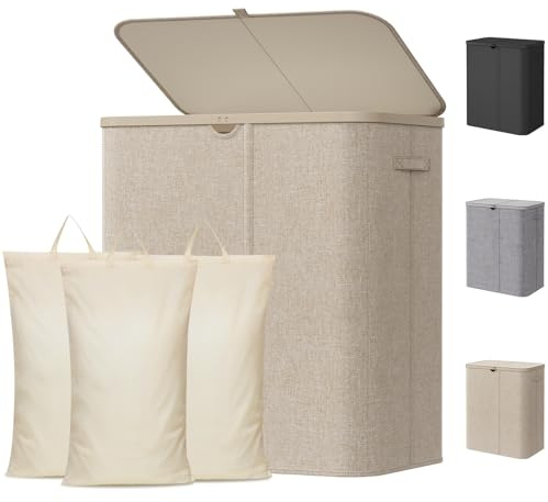 Lifewit 3 Fächer Wäschekorb mit Deckel, 165L Wäschesammler mit Kunststoffrahmen, faltbarer großer Wäschesortierer, Wäschekörbe für Schlafzimmer, Bad, Beige