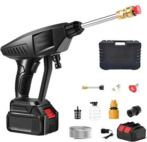 21V Limpiador de Alta Presión a Batería, 45 Bar Pistola Limpiadora a Presión con 2 X 3000mah Batería, Boquilla 6 en 1, Hidrolimpiadora de Bateria Portatil