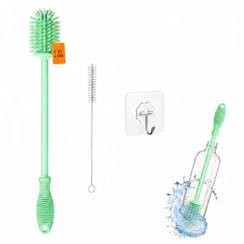 YEibi Limpia Botellas por Dentro – Cepillo Limpia Botellas de Silicona 31 cm con Cepillo Paja y Gancho Adhesivo, Limpiador para Termos, Shakers y Cristal, Verde Pastel