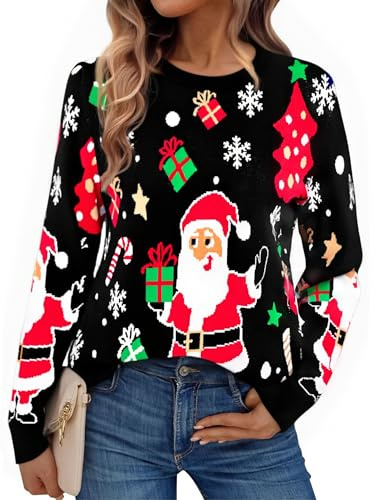 Aseniza Pull de Noël Femmes Hiver Moche Noel Drole Sweater Chaud Christmas Jumper Manches Longues Doux Confortable,Noir,S