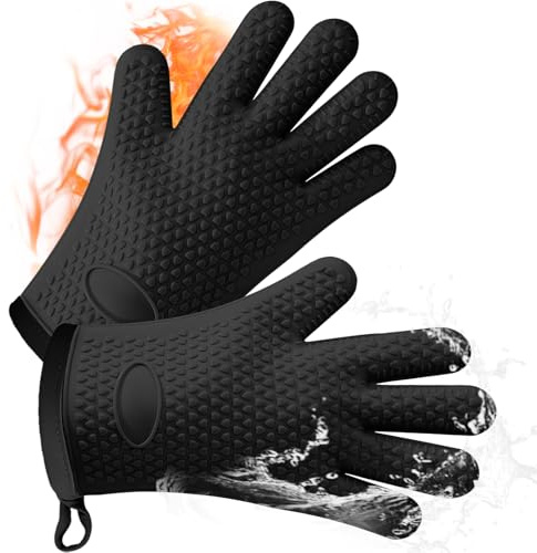 AMFUN Guanti da Forno Silicone, Guanti da Barbecue, Resistenti Presine Cucina per Arrostire, Cuocere, Grigliare, Cuocere al Forno (Corto,Nero)