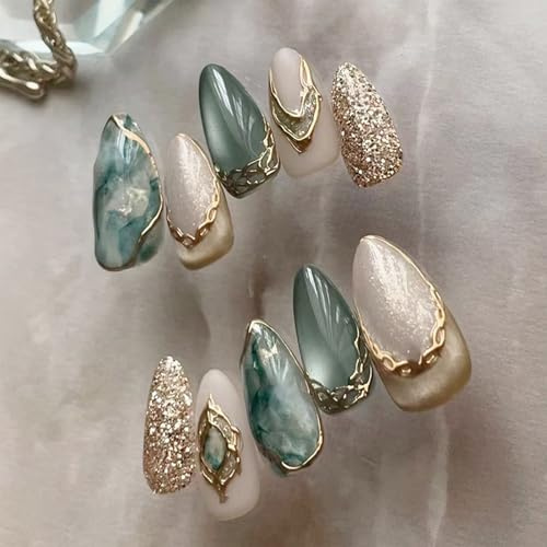 Nymora Press on Nails Almond Blu Scuro Marmo Oro Righe Occhio di Gatto Brillanti Unghie Finte a Mandorla - 24 Unghie Artificiali per Donne e Ragazze, Colla per Unghie Inclusa