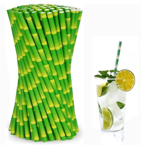 Zpeiran 100 Pieces Pajitas de Papel Biodegradables y Compostables,Extra Largas para Fiestas Bodas Cumpleaños Pajitas Desechables de Colores Rayas Verde Cañitas Ecológicas