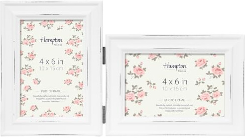 Hampton Frames PALOMA Unique Hinged Double Photo Frame Two 4x6 Inch (10x15cm) Images, White MDF, Glass Aperture, Freestanding, Portrait and Landscape, Distressed Finish Display for Pictures
