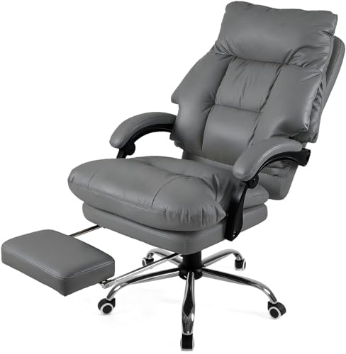 Warmiehomy Big and Tall Office Chair, PU Leather Executive Chair, Grey | Office Chair with Footrest.High Back Desk Chair for Home. Gaming Chair with Lumbar Support, Heavy Duty Support up to 400 lbs.