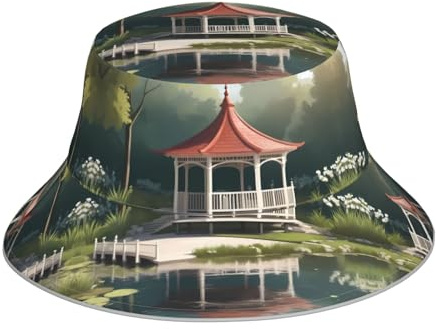 YYHHAOFA Pavilion at The Pond Picture Reflective Bucket Hat Reversible Sun Protection for Men and Women Black
