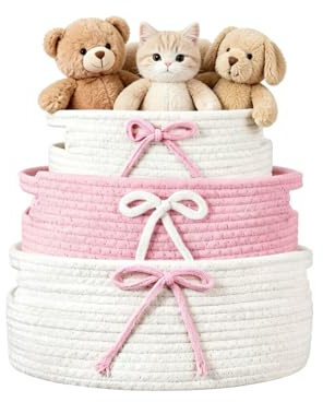 3 unidades de cesta de almacenamiento trenzada rosa, cesta rosa con asa, cestas de cuerda de algodón, cesta apilable, cestas de regalo trenzadas, para decoración, organización, almacenamiento se