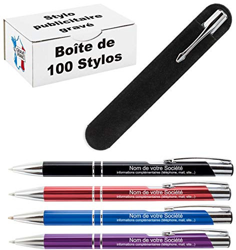 Gravure Events LOT de 100 Stylos personnalisés Entreprise – Stylo à bille publicitaire gravé – Objet de communication professionnelle Cadeau de noël de fin d'année pour vos clients Goodies