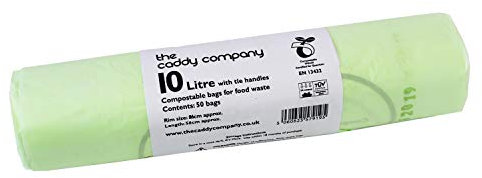 10L x 50 Tie Handle Compostable Kitchen Caddy Liners - Large Food Waste Bin Liners - EN 13432-10 Litre Tie-Handle Bags with Composting Guide