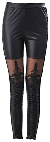 PRETYZOOM Gothic Punk Skinny Trousers Leather Leggings Lace Splicing High Waist Leggings for Lady Woman (Black), Black,
