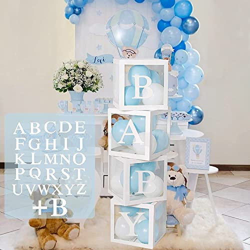 QIFU Baby Shower Decoration Balloon Boxes for Boy Girl, 4Pcs White Transparent Baby Balloon Boxes Block with 27 Letters include BABY+A-Z, Baby Box for Baby Shower Christening Birthday Decoration Prom