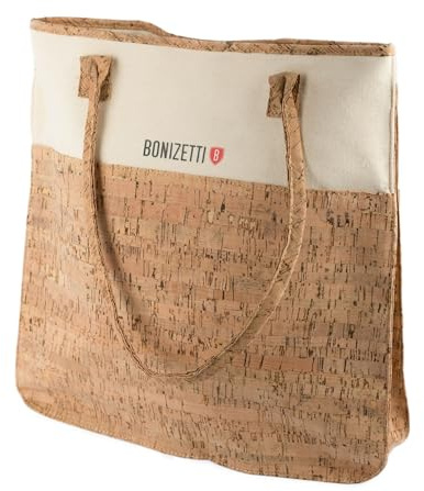Bonizetti Korktasche Tragetasche CARINA 36cm x 36cm x 9cm Damentasche aus recyceltem Canvas und Kork Kork rau vegane und nachhaltige Handtasche, Henkeltasche, Shopper, Tragetasche, Schultertasche