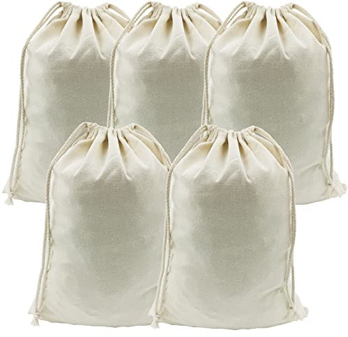 DUGYIRS 5 Pezzi Borsa in Cotone con Coulisse 30cm x 40cm, Sacchetti di Mussola per l'organizzazione,Shopping,Conservazione, Alimentari, Sacchetti di Frutta e Verdura