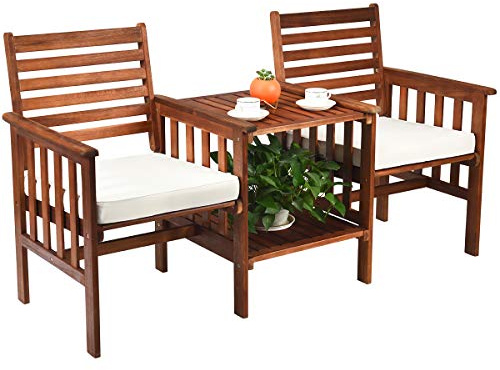 COSTWAY Trädgårdsbänk med bord, 2-sitsig träbänk med sittdyna och paraplyhål, sittbänk av akaciaträ kan belastas upp till 350 kg, terrassbänk för balkong, trädgård, terrass, 165 x 65 x 88 cm
