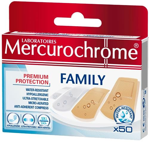MERCUROCHROME - Apósitos Familia - 50 Apósitos - 3 Tamaños - Color Carne y Transparentes - Transpirables - Resistentes al Agua - Absorbentes - Ideales Para Toda La Familia - Primeros Auxilios
