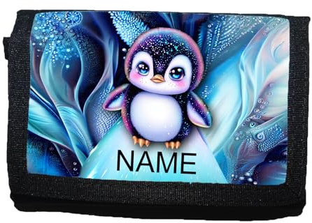 Maus-Design Kinder Geldbörse mit Name und Schriftartwahl | Klettverschluss Schlüsselring Fenster | Geldbeutel personalisiert (Pinguin)