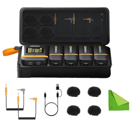COMICA Vimo Q Mini système de Microphone Cravate sans Fil à Quatre canaux avec 4 émetteurs et 1 récepteur avec étui de Chargement pour Enregistrement vidéo sur téléphone Youtubers Vloggers-Noir