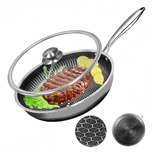 DYGG 24 cm Stainless Steel Frying Pan Non-Stick Frying Pan with Lid, Non-Stick Honeycomb Coating, for All Cookers, Pfoa Free, Suitable for Dishwashers and Ovens, Scratch-Resistan