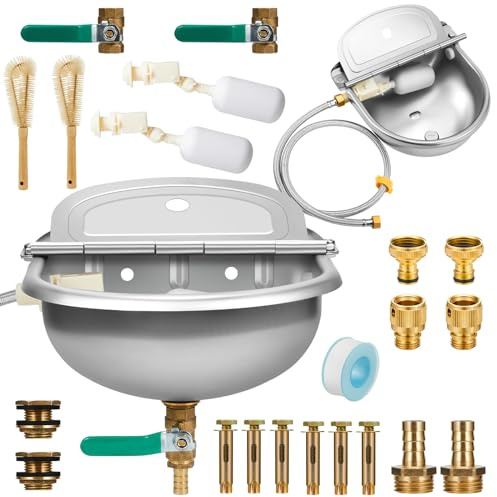 2 Set 1gal/4l Horses Automatic Waterer Animal Drinking Bowl with Float Valve Livestock Water Trough with Pipe Bolt Stainless Steel Auto Waterer Outdoor Farm Water Dispenser for Dogs Horse Goat Chicken
