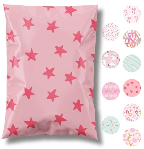 Pretty Package Store 14.5x19 Designer Poly Mailer 100 Pack Heavy Duty Waterproof Self Seal Shipping Bags for Small Business Large Mailing Envelopes Bulk Tear Resistant Cute Packaging Seeing Stars Pink