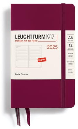 LEUCHTTURM1917 370801 Tageskalender Pocket (A6) 2025, Port Red, Englisch