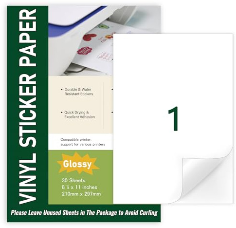 30 hojas de papel adhesivo de vinilo brillante impermeable A4, etiquetas autoadhesivas de hoja completa para impresoras de inyección de tinta y láser, 210 mm x 297 mm