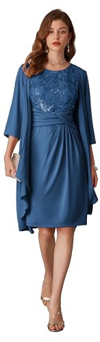 GRACE KARIN Cardigan Elegante in Chiffon da Donna in Due Pezzi + Abito da Festa Abiti per La Madre della Sposa per Gli Invitati al Matrimonio Grigio-Blu