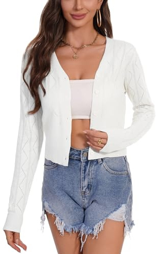 Totatuit UK Women's Shrugs Lightweight Classic Knit Ladies Cardigan | Sweater Cropped Open Front Knitted Solid Color Sweater Lightweight Pointelle Knit V Neck Button Elegant Shrug