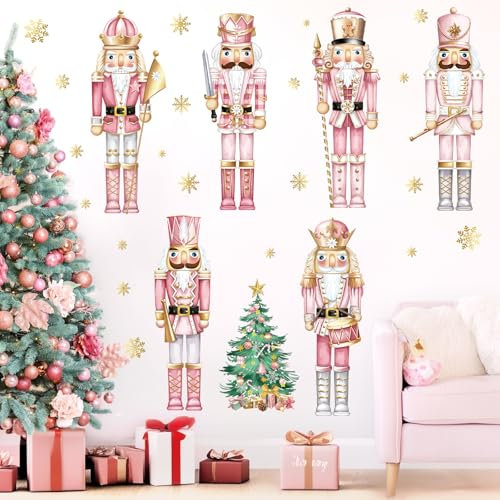 decalmile Pegatinas de Pared Navidad Ventana Rosa Cascanueces Vinilos Decorativos Soldados Cascanueces Copo de Nieve Oro Árbol de Navidad Adhesivos Pared Puerta Escaparate Decoració de Navidad