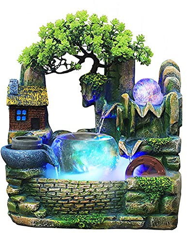CLEADONG Fontaine d'intérieur avec plantes, fontaine en polyrésine, éclairage LED multicolore, jardin, aquarium, fontaine, avec brume, rocaille, décoration pour l'intérieur et l'extérieur