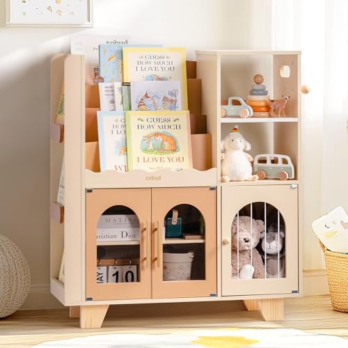 ROBUD Libreria per bambini, colore caramello, scaffale in legno, multi-livello, con zona di conservazione dei giocattoli, armadietto per grandi libri fotografici, mobili per bambini