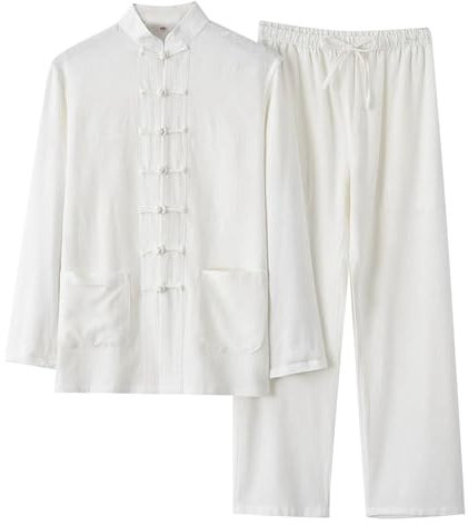 YOSUWOAI Men's Suit Chinese Style Traditional Martial Arts Kung Fu Tai Chi Tang Set 2-Piece Long Sleeve Cotton Linen Shirt and Trousers Comfortable Leisure Suit Outdoor Jogging Suit, O White, 5XL