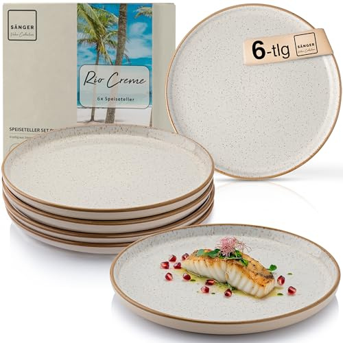 SÄNGER Rio Creme | Teller Set 6 Personen, 6x Speiseteller Set aus Steingut, Dinner Set kratz- mikrowellen- spülmaschinenfest, Steingut Teller Essteller cremefarben | VALUE COLLECTION