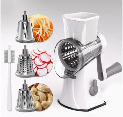 Râpe à fromage avec manivelle – Coupe-légumes, mandoline avec 3 lames de tambour interchangeables pour légumes, fromage, glace, concombre, carottes, noix, etc. - Râpe de cuisine - Coupe rapide et