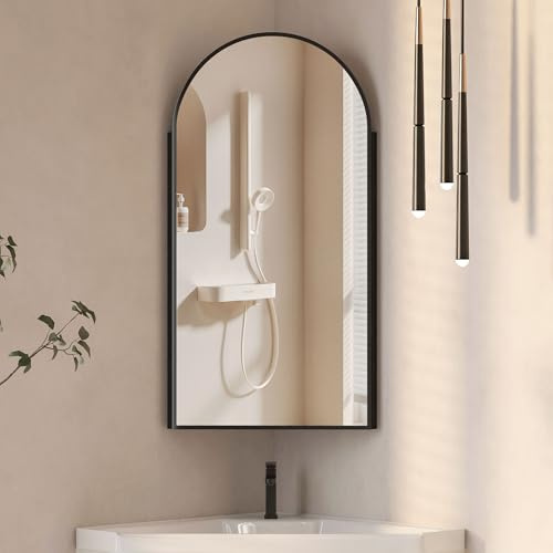 Mepplzian 40x80 Black Corner Mirror Cabinet,Arched Bathroom Cabinets with Mirror,Mirrored Cabinets Wall Mounted,Arched Bathroom Corner Cabinet with Storage