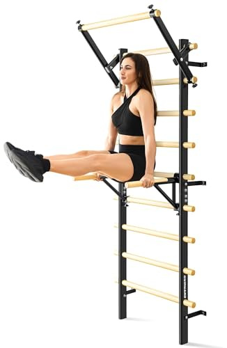 Sprossenwand Indoor mit Klimmzugstange, Dip-Barren und Klettergerüst, Wandmontage Kletterwand aus Holz – Fitnessgerät für Zuhause, Turngeräte für Kinder und Erwachsene für Home Gym und Gymnastik