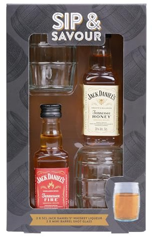 5cl Jack Daniel’s Tennessee Fire Whiskey (35% ABV) & 5cl Jack Daniel’s Tennessee Honey Whiskey (35% ABV) with 2 Mini Barrel Shot Glasses Gift Set
