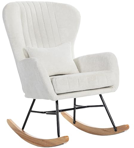 HOMCOM Fauteuil à Bascule, Rocking Chair en Velours, Chaise à Bascule avec Coussin, Assise rembourré, Dossier Haut, accoudoirs, Pieds en Acier et Base en Bois d'hévéa, pour Salon, Chambre, Blanc
