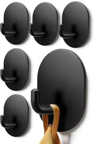 Poprkdre Juego de 6 ganchos para toallas, ganchos de pared autoadhesivos, ganchos adhesivos de acero inoxidable, ideales para baño, cocina y oficina (negro)