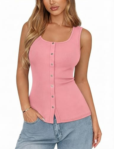 Aottori Débardeur Femme D'été sans Manches avec Boutons Col Rond Haut Élégant Sexy Décontracté Tank Top Basique Côtelée Slim Fit Chic Y2K Casual