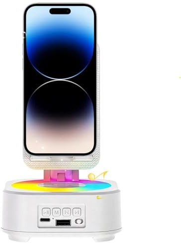 Altavoz con Soporte para Móvil, Base Inalámbrica, 360 Grados, Sonido Claro, con Luces Ambientales, Ideal para Hogar, Oficina, Escuela y Entretenimiento | Soporte de Teléfono Estable
