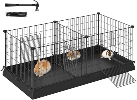 SONGMICS Guinea Pig Cages, Metal Grid Small Animal Playpen with Waterproof Washable Liner, 2 Separate Spaces for Rabbits, Ferrets, Bunnies, Hedgehogs，48.4 x 24.8 x 18.1 Inches, Black ULPI07H