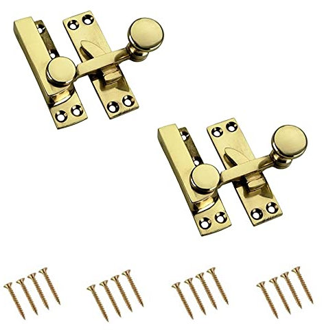 TERF® Traditional Vintage Polished Brass Sash Window Lock Fastener Arm Type With Fixing Screws For Wood Aluminium UPVC Vinyl Frames - Pack of 2